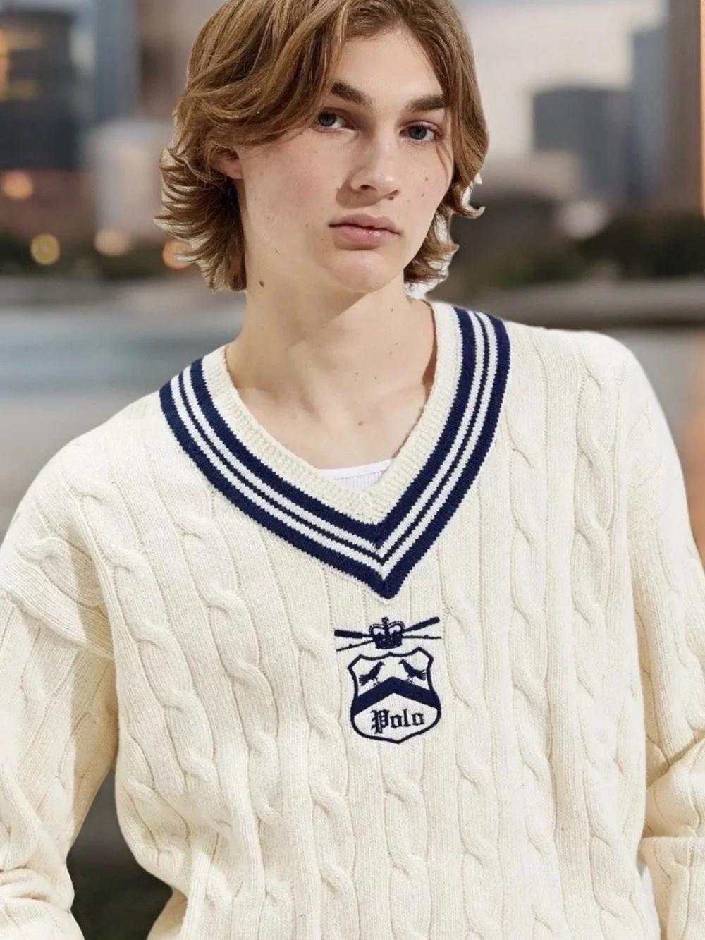 Polo by Ralph Lauren White Cable-Knit V-Neck Sweater with Navy Trim